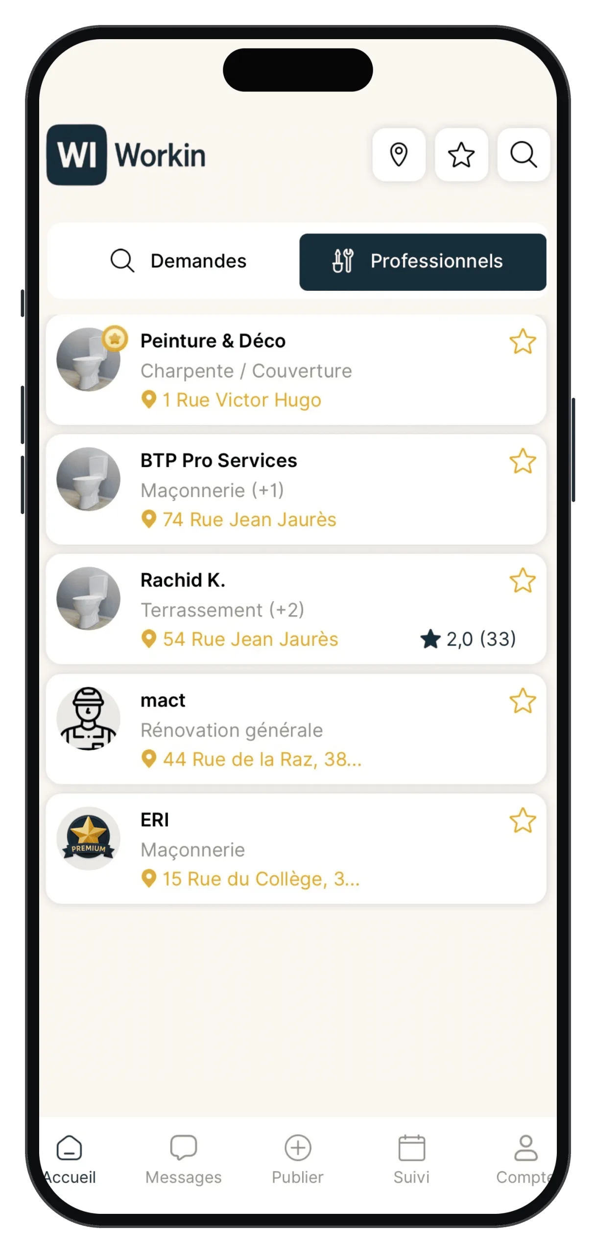 Application Workin Pro sur smartphone